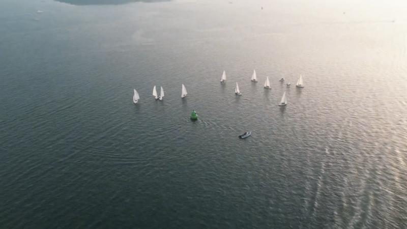 Aerial view of a fleet of white-sailed dinghies racing on Plymouth Sound